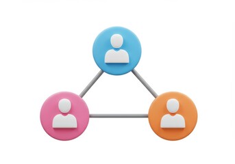3D Illustration of Three colorful connected nodes representing people in a network diagram isolated on white background