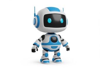 3D Illustration of Cute cartoon robot character isolated on white background with white and blue body and black screen face