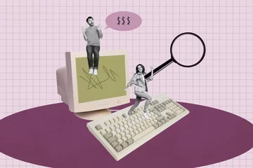 Gordijnen Creative pop poster sketch art collage of happy business girl guy run pc monitor keypad hold magnifier dollar earnings success © deagreez