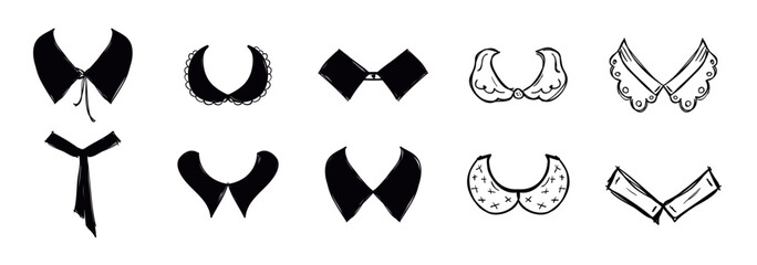 Hand-drawn collar and shirt neckline vector illustrations for clothing and fashion items. Collar and Lapel Icons vector illustration