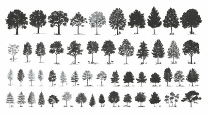 Diverse assortment of tree silhouettes arranged against a plain background for design