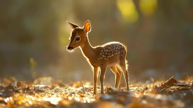 Delightful fawn standing in a field of golden autumn leaves on a sunny day