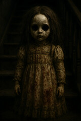 Creepy antique doll standing on dark staircase in eerie scene