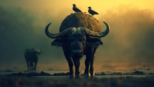 Magnificent buffalo with birds perched on its back, standing proudly in a watering hole