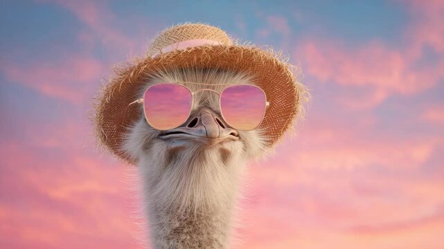Close up of an ostrich wearing a straw hat and pink sunglasses against a vibrant pink and purple sunset sky.