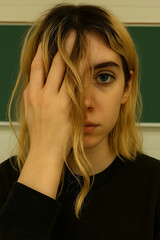 Woman with intense gaze and hand partially covering her face
