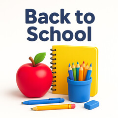 Back to school essentials  3d apple and school supplies whait background