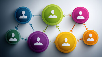 A colorful diagram of company hierarchy with stylized people icons in circular nodes, forming a flowchart layout on white, each node containing role titles and arrows indicating re