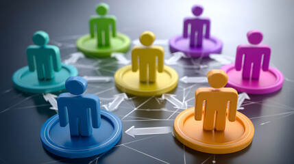 A colorful diagram of company hierarchy with stylized people icons in circular nodes, forming a flowchart layout on white, each node containing role titles and arrows indicating re