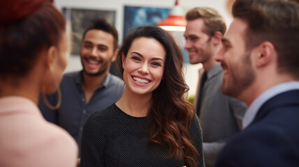 Obraz premium Business professionals of various backgrounds connect and engage in lively discussions, showcasing diversity and collaboration in a modern urban environment during an evening event