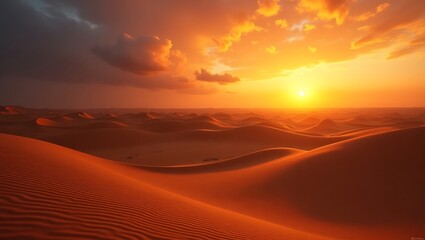 Fiery Sunset over Rolling Sand Dunes A Desert Landscape Panorama