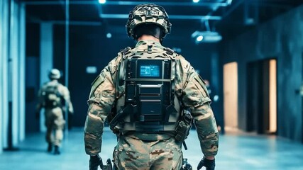 Future soldier in action, armed with advanced military technology in sterile environment - Powered by Adobe