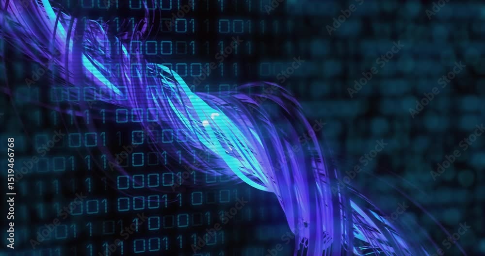 Poster after static binary grid holding, data ribbon drifting weaving spiraling leaving showing data loop