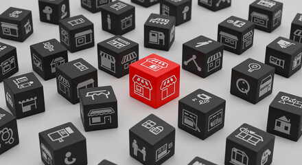 A group of black cubes with white drawings and one red cube with a store drawing in the center