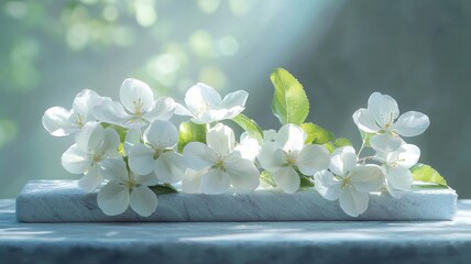Elegant White Apple Blossoms on Marble with Sunlight Bokeh marble bokeh sunlight elegant spring tree