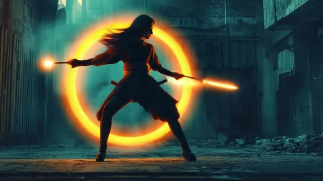 Silhouette of a woman warrior with magical circle in urban setting in cinematic style