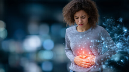 Woman clutches her stomach with both hands, glowing red-orange light radiating from abdominal area, her expression shows discomfort, surrounded by medical icons symbolizing indiges