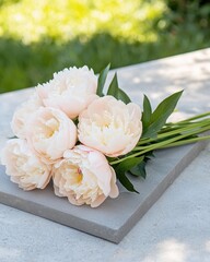 Delicate Light Pink Peony Bouquet on Grey Stone Outdoors peony bouquet outdoors delicate peonies pet