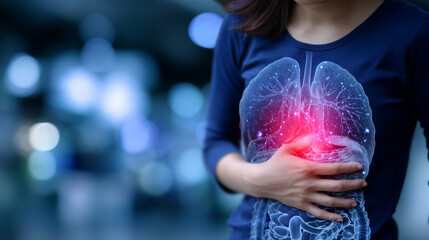 Close-up of womanâs torso, highlighted stomach region emits fiery glow, illustrating intense heartburn; stylized medical backdrop with digestive system overlay in translucent layer