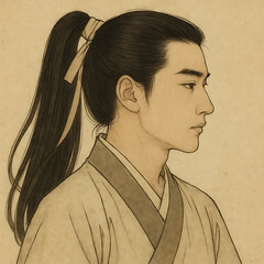 Traditional ink-style portrait of samurai in profile view