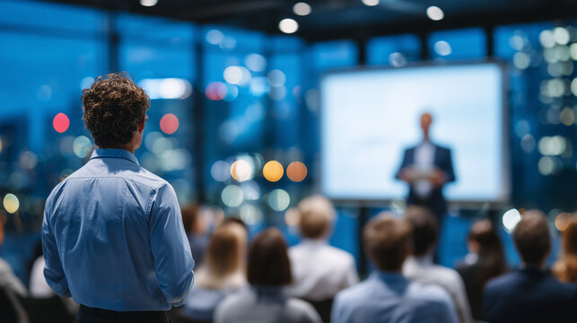 Soft-focus image of corporate team gathered in high-tech meeting room, interactive screen glows in background, engaged audience takes notes during workshop