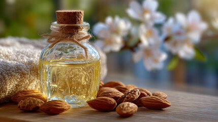 Close-up of transparent almond oil bottle surrounded by cracked almond shells and smooth whole almonds, soft natural light streams in from window, evoking spa and wellness vibes