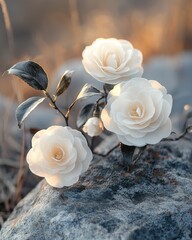Elegant White Camellias on Textured Rock in Soft Light camellias elegant rock textured white flowers