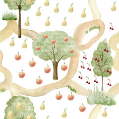 Watercolor seamless pattern with fruits.