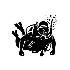 Fototapeta premium Powerful silhouette of a scuba diver with a mask and snorkel amidst rising bubbles. Sport concept