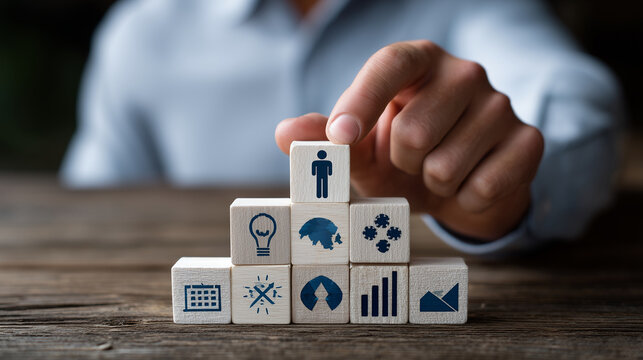 Close-up of hand stacking wooden figures into a triangle formation, with icons above each block representing skills, experience, and potential, concept of structured HR strategy