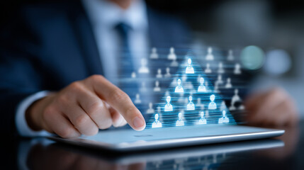 Conceptual workplace setting where a businessperson&acirc;s hand adds final element to an HR pyramid on digital tablet, blending traditional career pathing with modern tech