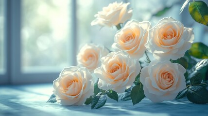 Elegant Cream Roses Bouquet by a Window in Soft Sunlight sunlight bouquet elegant white roses shadow