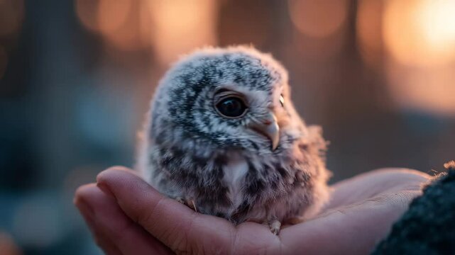 Close up of a tiny gray and white owlet sitting in a person's hand. Warm, golden orange bokeh background suggests sunset. Soft, fluffy owlet feathers are visible.