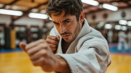 Obraz premium Determined karate practitioner in white gi demonstrating fighting stance with intense concentration. His powerful posture and focused expression showcase discipline and combat readiness in a tradition
