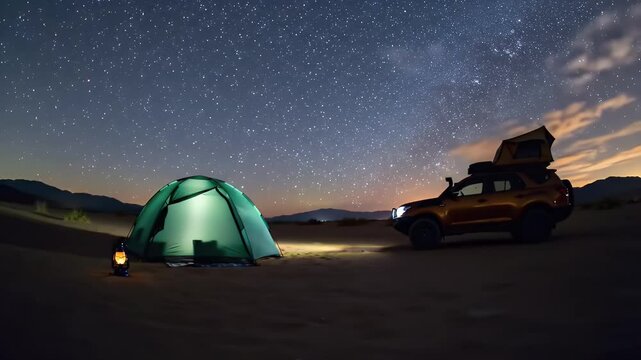 Camping Under The Stars Green Tent Car Equipped with Rooftop Tent Standing Out in a Desert Landscape Under a Starry Night Adventure and Exploration