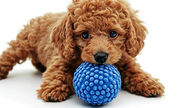 Adorable brown poodle puppy lying with blue ball on white, cute dog portrait.