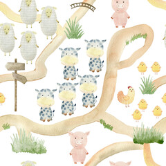 Watercolor pattern with farm animals.