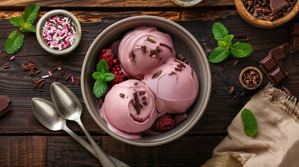 Exquisite Gelato Presentation Overhead View with Rustic Charm and Elegant Accents