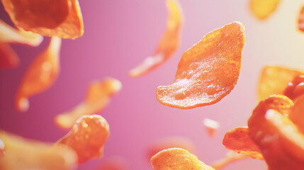 Flying Crispy Chips Against Pink Background
