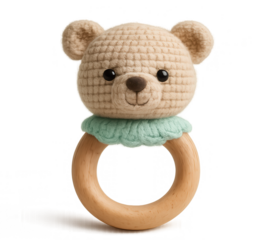 Knitted Bear Baby Rattle on Transparent Background