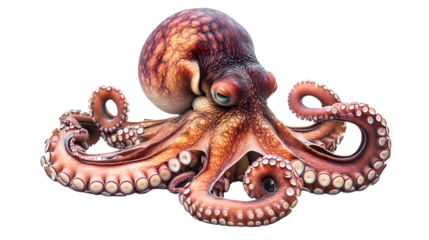 Giant Pacific Octopus with Spread Out Tentacles Isolated on Tranasparent Background