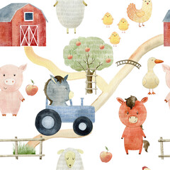 Watercolor pattern with farm animals.