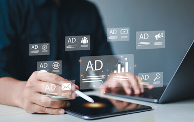 Advertising and digital marketing analytics concept. Businessman using laptop with advertising dashboard. Digital marketing strategy analysis for branding, online advertising, website.