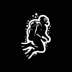 Powerful underwater diver silhouette logo with snorkeling mask and dynamic bubble trail formation