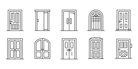 Collection of Various Door Designs in Black and White Line Art