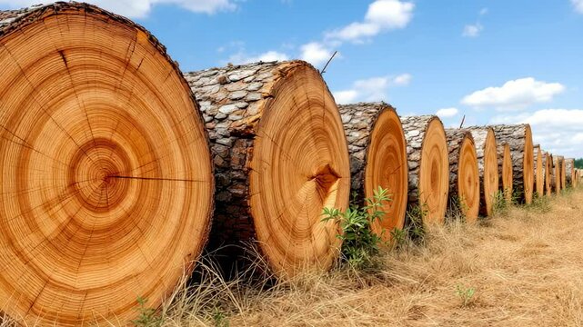 row of sawn logs showing growth rings against blue sky with scattered clouds on an autumn day