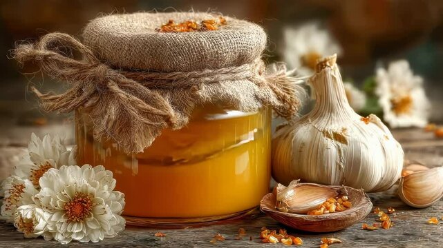 A close-up of a rustic glass jar filled with garlic cloves in honey, surrounded by white flowers and whole garlic on a wooden table