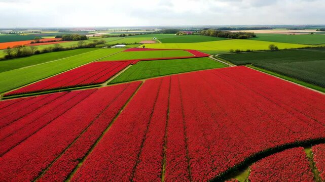 Aerial view of vibrant patchwork fields: a tapestry of red blooms and lush greenery in the countryside