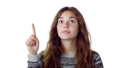 Confident young woman pointing up with index finger, isolated on white background