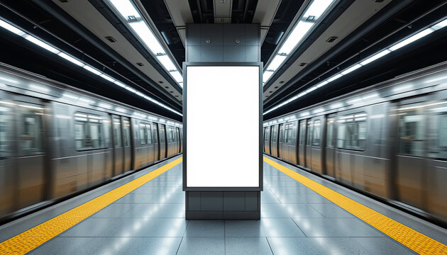 Blank advertising billboard in a subway station with moving trains and modern design